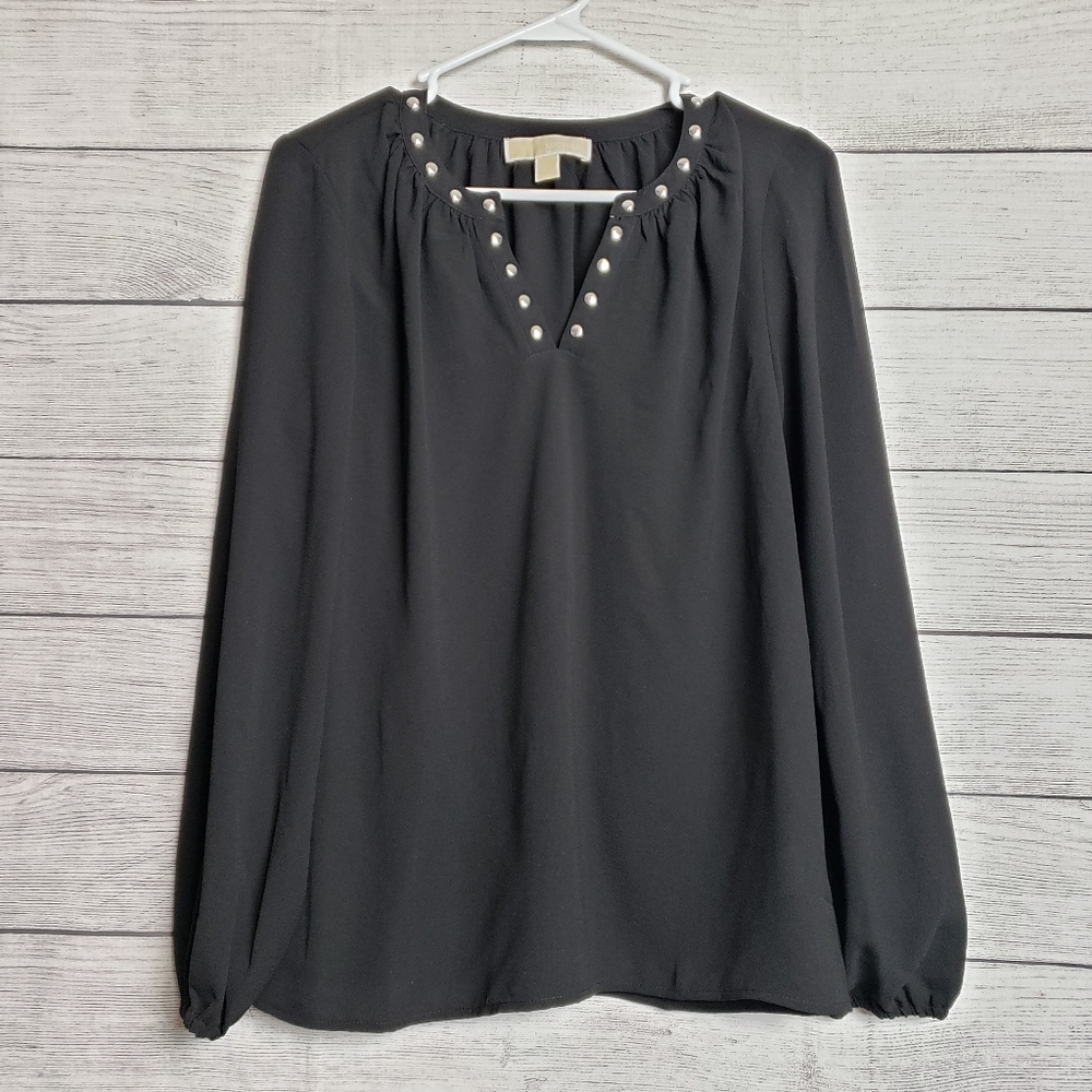Michael Kors Split V Neck Black Silver Studded Long‎ Sleeve Womens Small Blouse